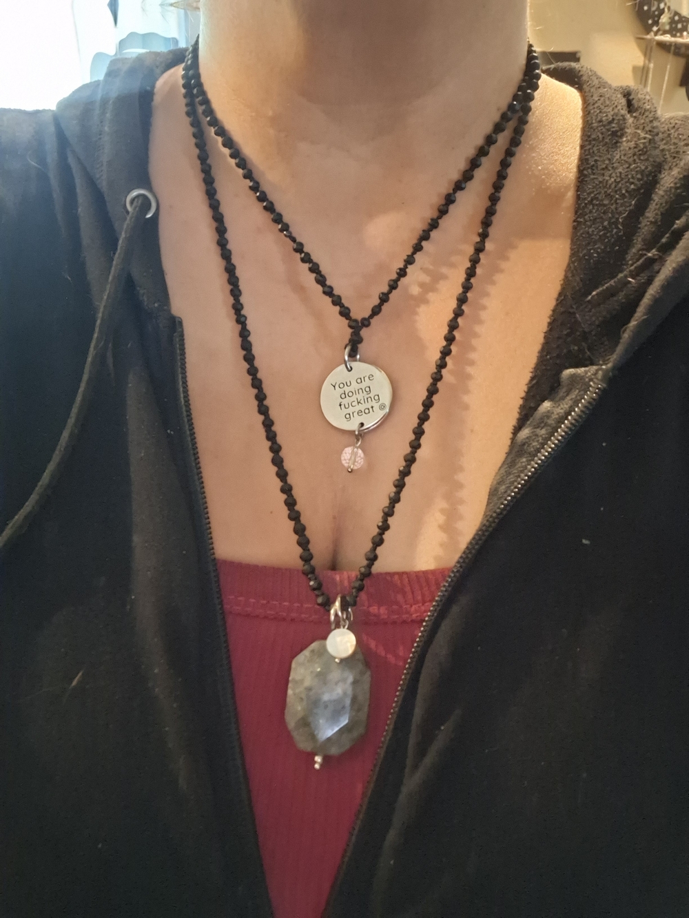 Inspirational Double-Layer Black Beaded Necklace with Gray Stone Pendant